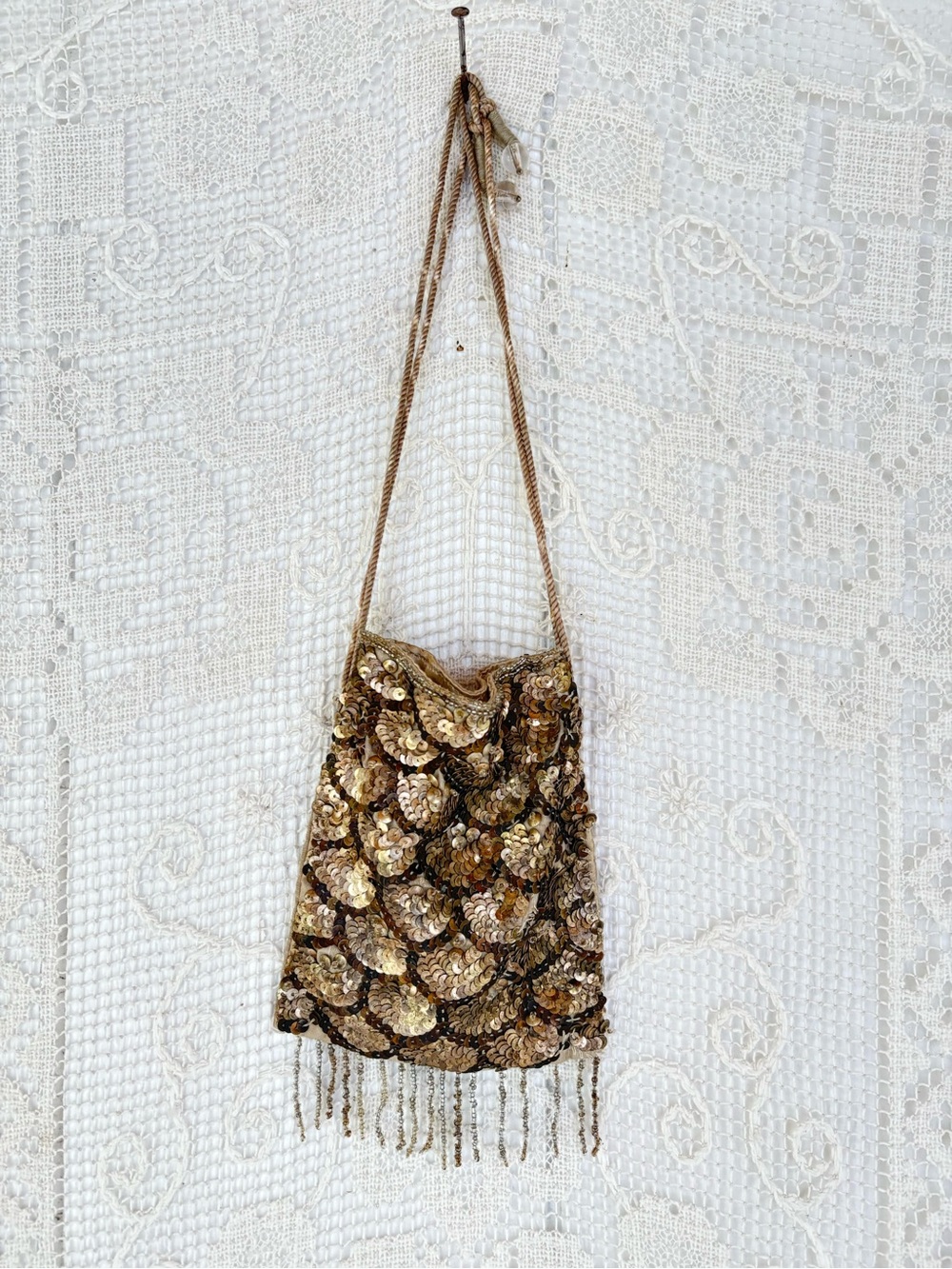 Vintage Gold Sequin Evening Clutch Bag with Fringe